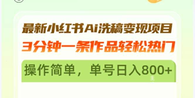 （13182期）最新小红书Ai洗稿变现项目 3分钟一条作品轻松热门 操作简单，单号日入800+-泰戈创艺资源库